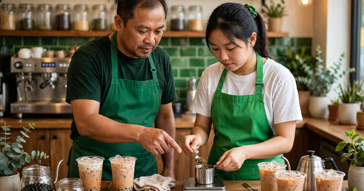 Nhân viên pha chế kỳ cựu Việt mặc tạp dề xanh hướng dẫn nhân viên mới cân nguyên liệu tại quầy trà sữa, ánh sáng ấm, tông xanh thương hiệu