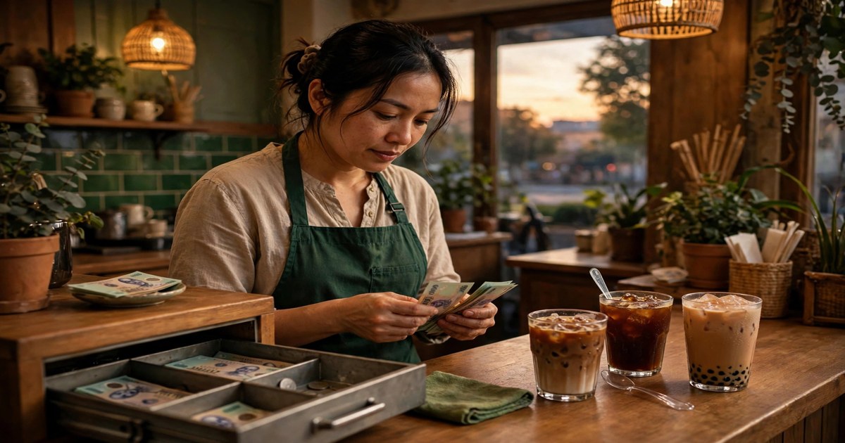 Chủ quán cà phê Việt mặc tạp dề xanh lá đếm tiền mặt cuối ngày tại quầy, ngăn kéo tiền mở, ly cà phê đá và trà sữa trên quầy, ánh sáng ấm