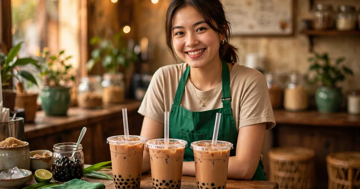 Nhân viên quán trà sữa Việt mặc tạp dề xanh cười sau quầy gỗ với ba ly trà sữa trân châu, bảng giá mờ phía sau, ánh sáng ấm