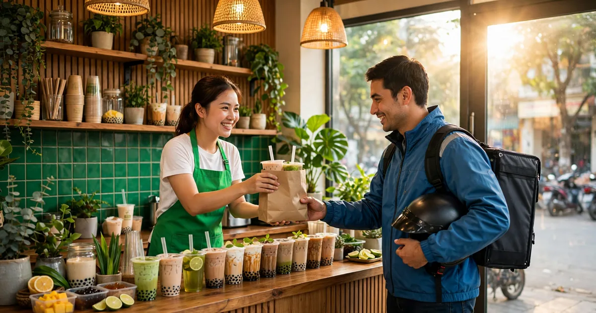 Nhân viên quán trà sữa Việt mặc tạp dề xanh tươi cười đưa túi đồ uống cho tài xế giao hàng trong quán ngập nắng ấm, tông xanh thương hiệu