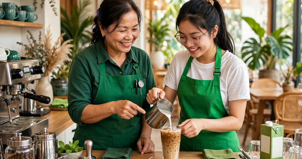 Pha chế giàu kinh nghiệm mặc tạp dề xanh lá hướng dẫn nhân viên trẻ pha cà phê tại quầy quán cà phê Việt, không khí thân thiện, ánh sáng ấm