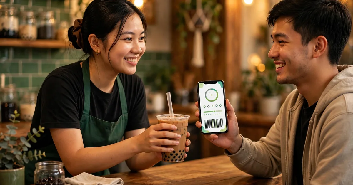 Nhân viên quán trà sữa Việt mặc tạp dề xanh đưa ly trà sữa cho khách đang xem thẻ tích điểm trên điện thoại, ánh sáng ấm
