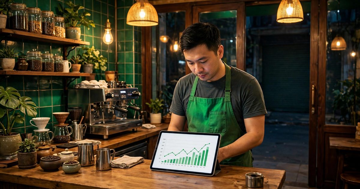 Chủ quán cà phê Việt mặc tạp dề xanh lá xem biểu đồ báo cáo doanh thu trên máy tính bảng tại quầy vào buổi tối, ánh sáng ấm, tông xanh thương hiệu Quán Ơi