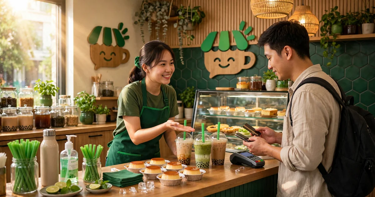 Nhân viên quán trà sữa Việt mặc tạp dề xanh lá tươi cười gợi ý bánh flan cho khách thanh toán tại quầy, tông xanh thương hiệu Quán Ơi