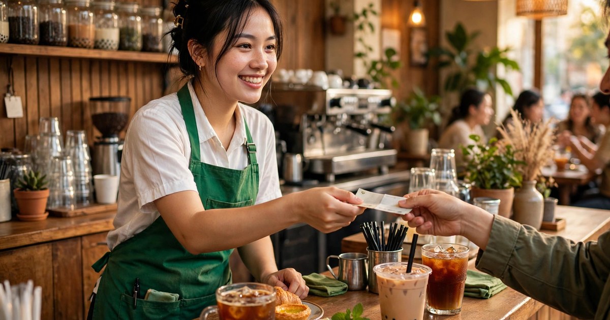 Thu ngân quán cà phê Việt mặc tạp dề xanh lá đưa bill cho khách tại quầy giờ cao điểm, ly cà phê đá và trà sữa trên quầy, ánh sáng ấm