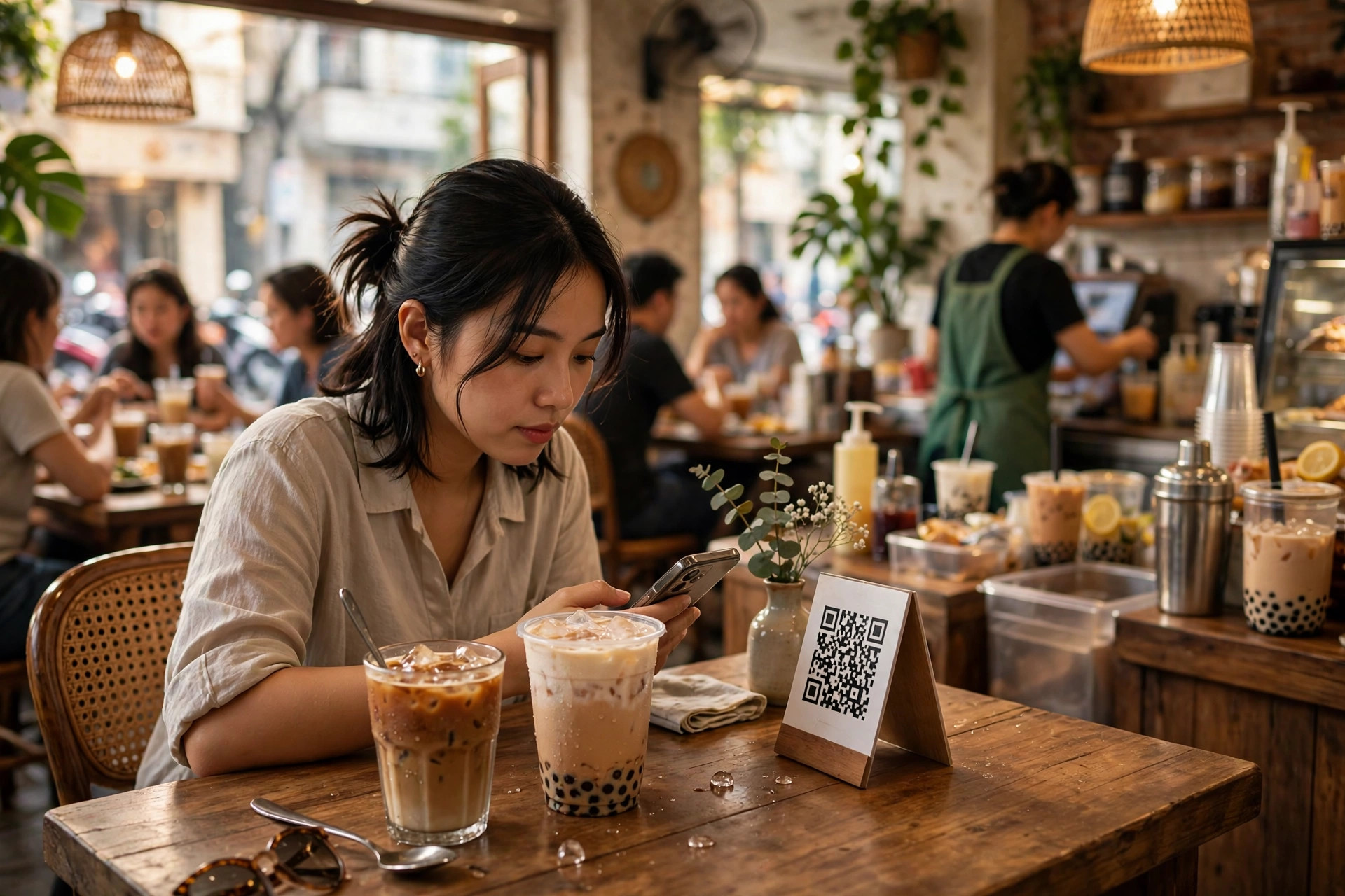 Khách nữ quét mã QR gọi món tại bàn trong quán trà sữa đông khách giờ trưa, ánh sáng ấm