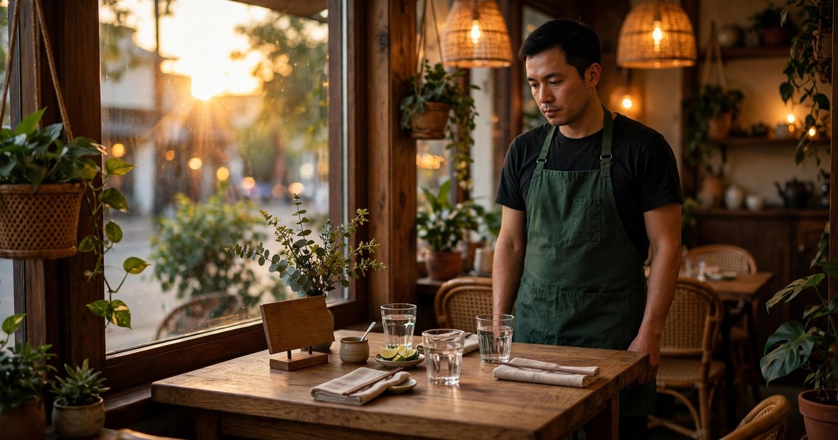 Chủ quán cà phê Việt mặc tạp dề xanh lá đứng nhìn bàn trống đã dọn sẵn trong quán ấm cúng lúc chiều tà