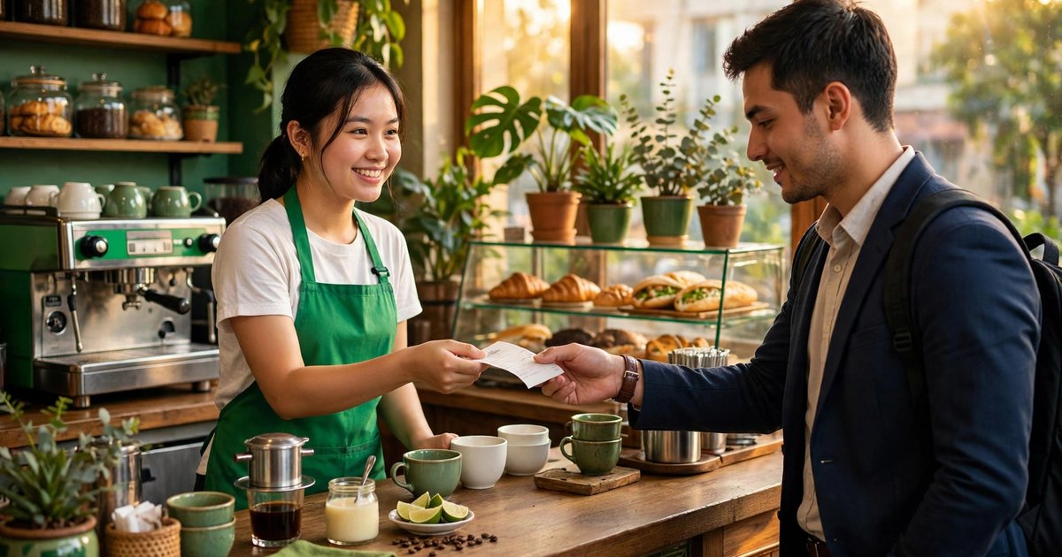 Thu ngân quán cà phê Việt mặc tạp dề xanh lá đưa hóa đơn cho khách văn phòng tại quầy, ánh sáng ấm, tông xanh thương hiệu Quán Ơi