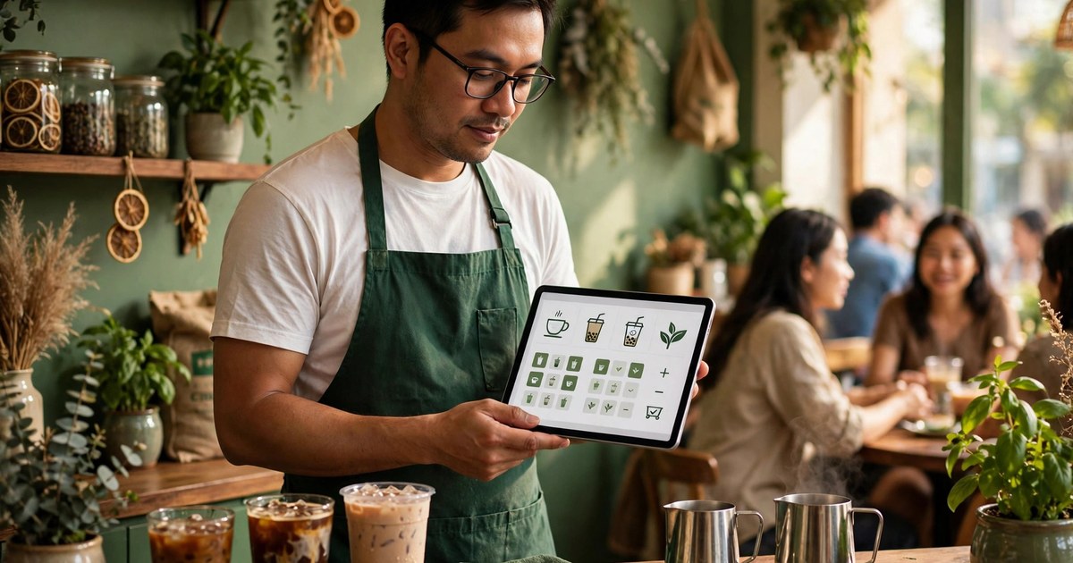 Chủ quán cà phê Việt mặc tạp dề xanh lá cầm máy tính bảng bán hàng tại quầy, ly cà phê đá và trà sữa trên quầy, ánh sáng ấm
