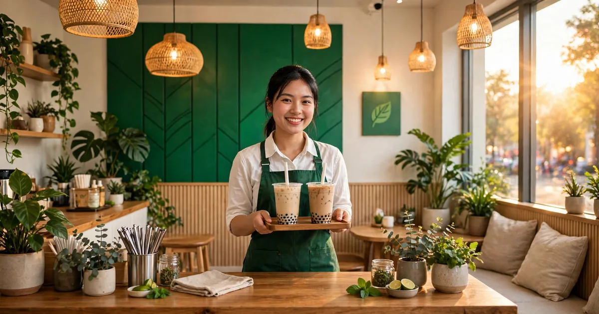 Nhân viên quán trà sữa Việt mặc tạp dề xanh cười bưng khay hai ly trà sữa trong quán mới khai trương ngập nắng ấm, tông xanh thương hiệu Quán Ơi