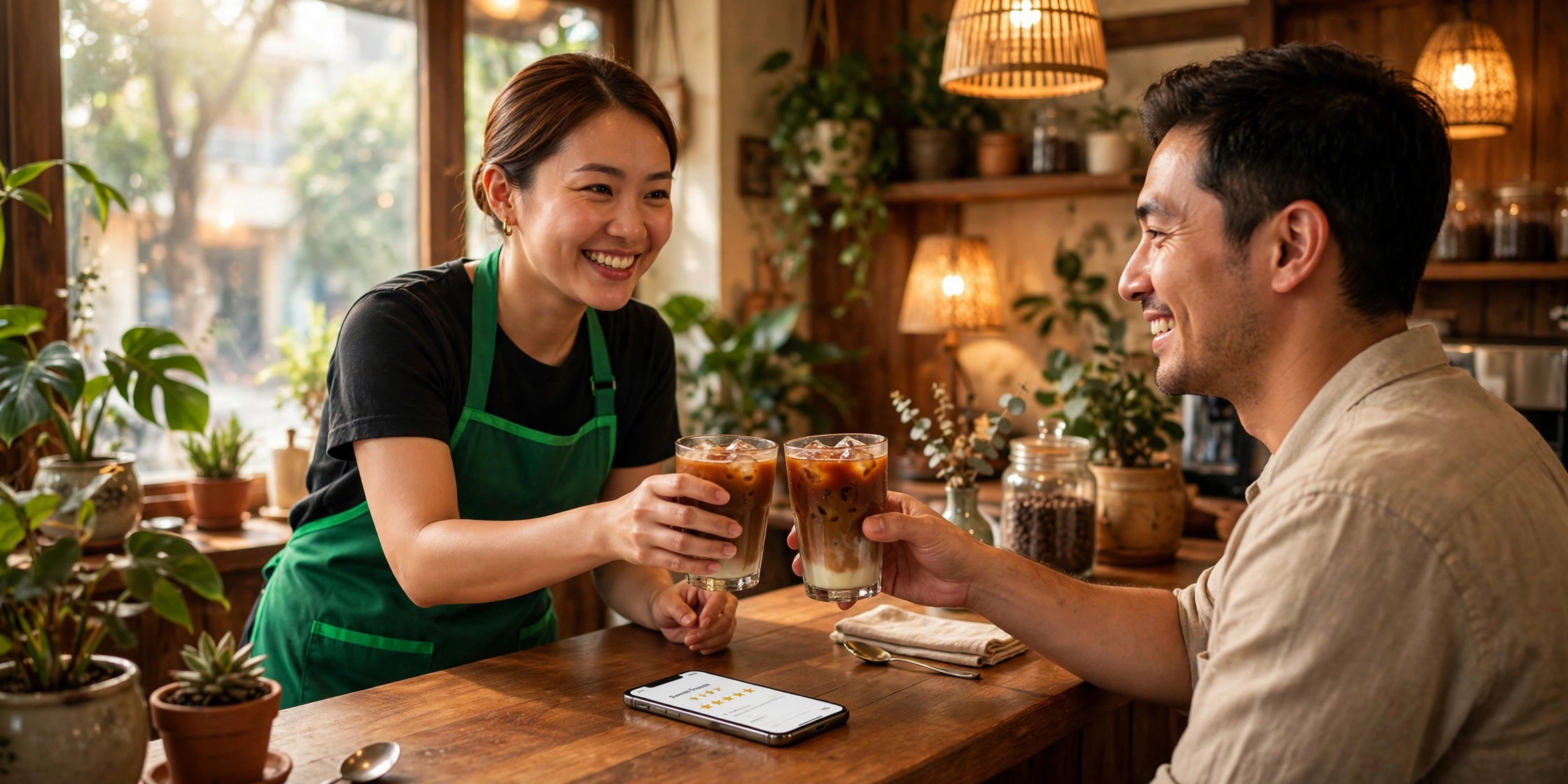 Nhân viên quán cà phê Việt mặc tạp dề xanh đưa ly cà phê đá cho khách, điện thoại trên quầy hiện màn hình đánh giá sao, ánh sáng ấm