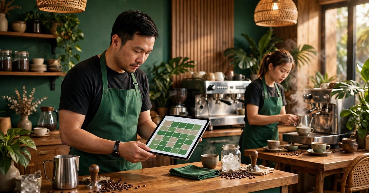 Chủ quán cà phê Việt mặc tạp dề xanh lá xem lịch ca tuần trên máy tính bảng tại quầy, nhân viên pha chế phía sau, ánh sáng ấm