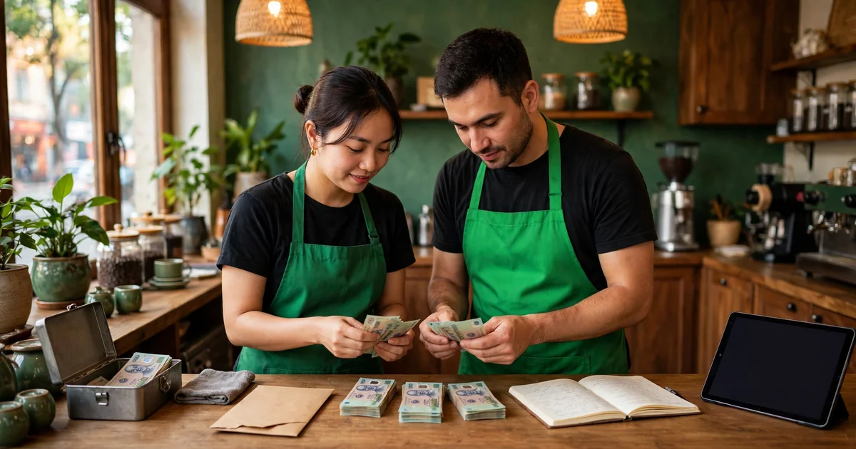 Hai nhân viên quán cà phê Việt mặc tạp dề xanh lá cùng đếm tiền mặt bàn giao giữa ca tại quầy, bên cạnh sổ bàn giao và máy tính bảng báo cáo ca