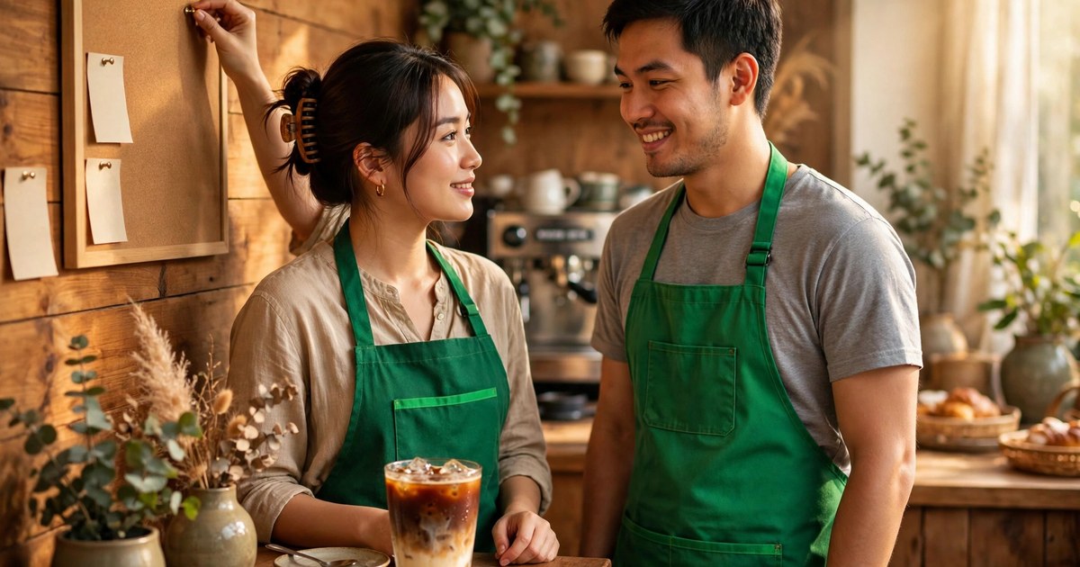 Chủ quán cà phê Việt mặc tạp dề xanh gắn lịch xếp ca lên bảng gỗ tại quầy, nhân viên tạp dề xanh cười bên cạnh, ánh sáng ấm