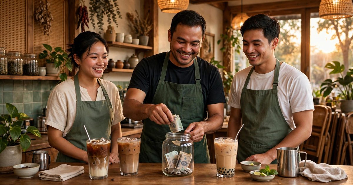 Chủ quán cà phê Việt mặc tạp dề xanh lá bỏ tiền tip vào hũ thủy tinh tại quầy, nhân viên tạp dề xanh cười phía sau, ly cà phê đá và trà sữa trên quầy, ánh sáng ấm