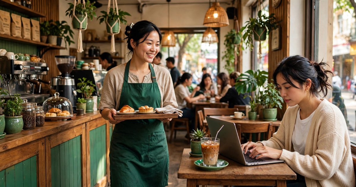 Nhân viên quán cà phê mặc tạp dề xanh mang khay bánh, khách nữ ngồi làm việc bằng laptop bên cửa sổ