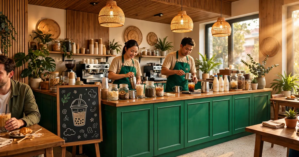 Không gian quán trà sữa Việt trong ánh nắng chiều ấm, quầy pha chế tông xanh lá, standee khuyến mãi giờ vàng tại quầy
