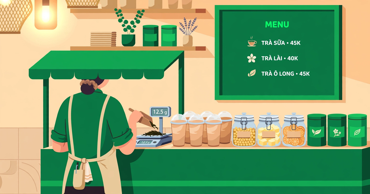 Minh hoạ quầy pha chế quán trà sữa: nhân viên đang cân trà bằng cân tiểu ly, xung quanh là ly trà sữa và nguyên liệu sắp xếp gọn gàng