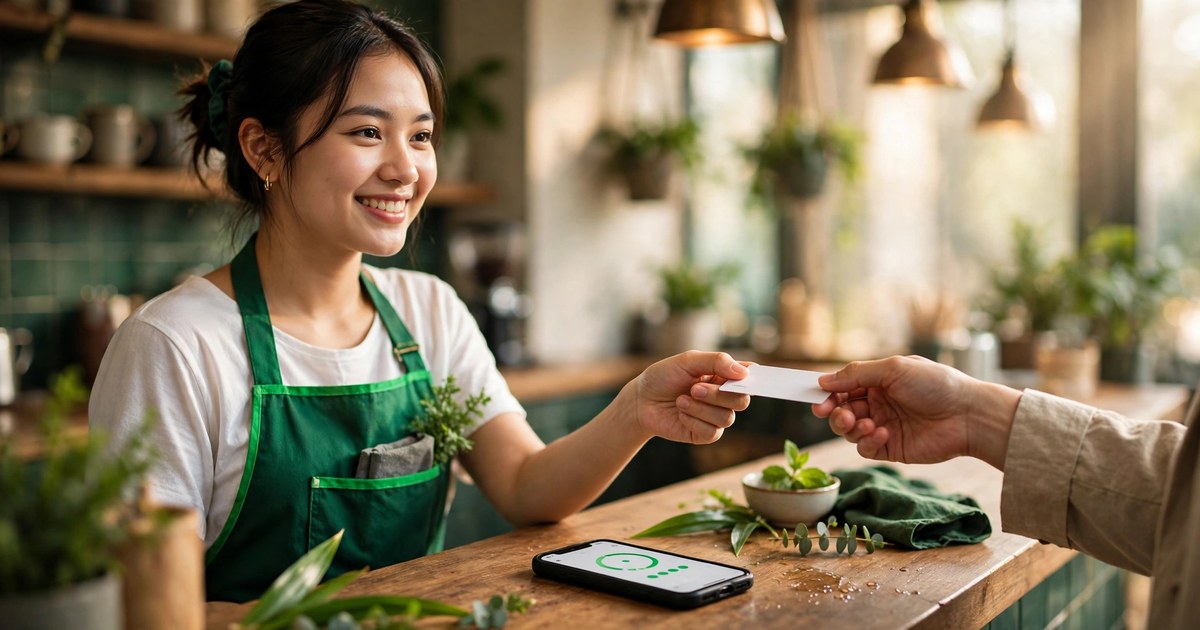Nhân viên quán cà phê Việt mặc tạp dề xanh lá đưa thẻ tích điểm cho khách tại quầy gỗ, điện thoại hiện điểm tích lũy trên bàn, ánh sáng ấm