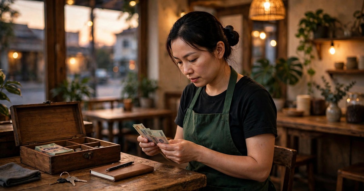 Chủ quán cà phê Việt mặc tạp dề xanh lá đếm tiền mặt tại quầy gỗ lúc đóng quán buổi tối, ánh sáng ấm
