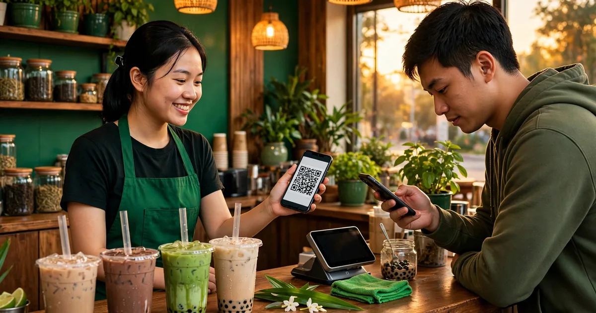 Thu ngân quán trà sữa Việt mặc tạp dề xanh đưa điện thoại hiện mã QR cho khách quét thanh toán, quầy gỗ và ly trà sữa, ánh sáng ấm