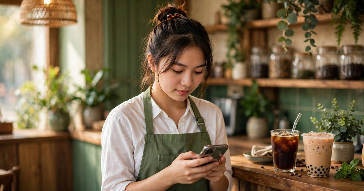 Nhân viên quán cà phê Việt mặc tạp dề xanh lá chấm công trên điện thoại tại quầy gỗ, ly cà phê đá và trà sữa trên quầy, ánh sáng ấm