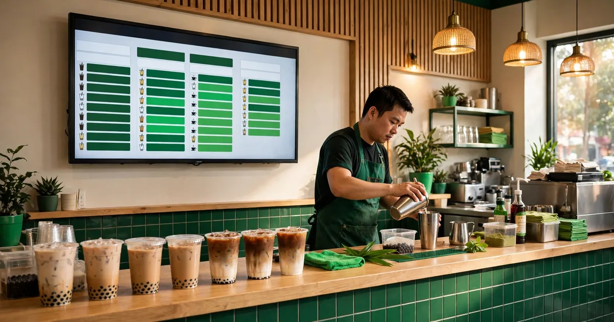 Pha chế người Việt mặc tạp dề xanh lá chuẩn bị trà sữa tại quầy, màn hình bếp treo tường hiển thị đơn theo thứ tự, ánh sáng ấm