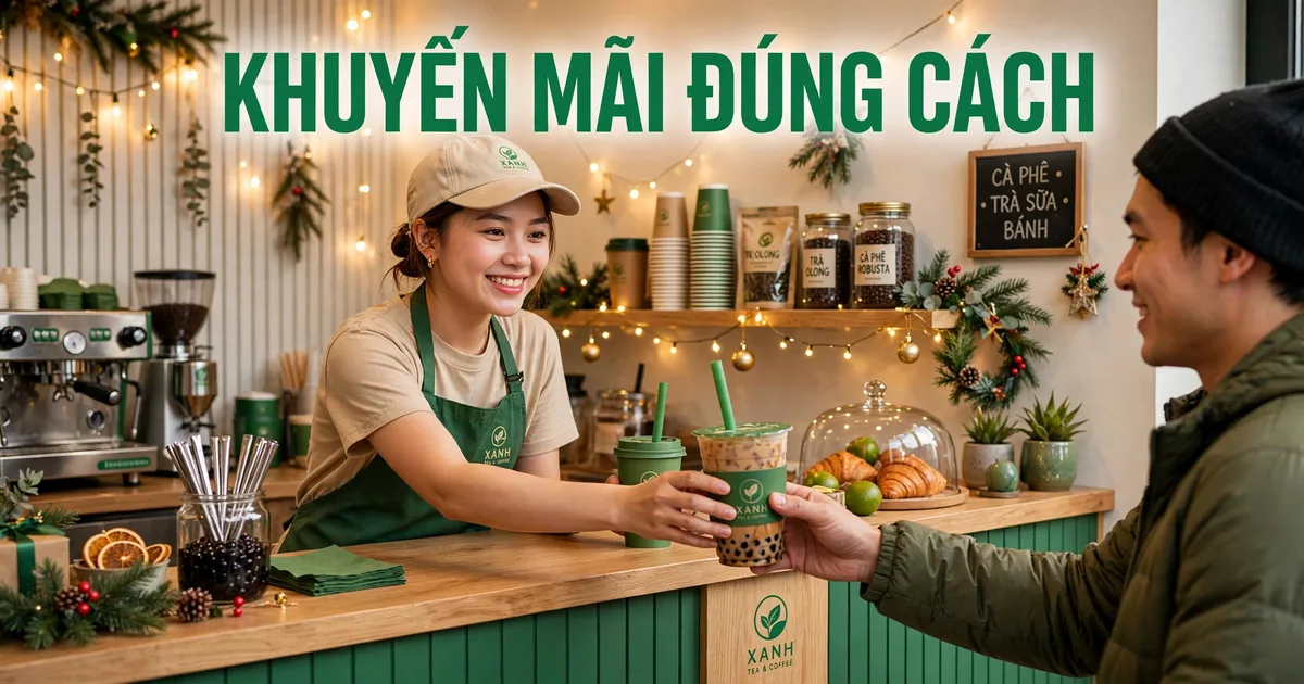 Nhân viên quán trà sữa Việt mặc tạp dề xanh tươi cười đưa ly trà sữa cho khách trong quán trang trí cuối năm ấm áp, tông xanh thương hiệu