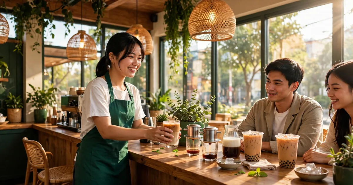 Nhân viên quán cà phê Việt mặc tạp dề xanh phục vụ cà phê sữa đá và trà sữa cho khách trong quán ngập nắng ấm
