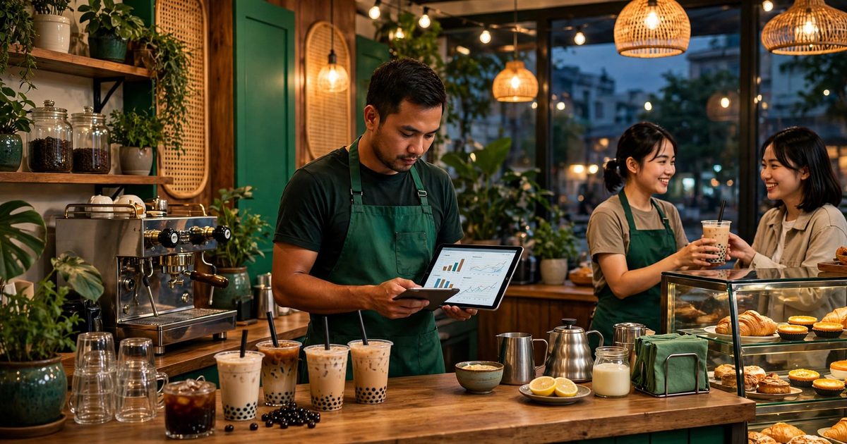 Chủ quán cà phê Việt mặc tạp dề xanh lá xem báo cáo chiết khấu trên máy tính bảng tại quầy gỗ, nhân viên thu ngân phục vụ khách phía sau, ánh sáng ấm