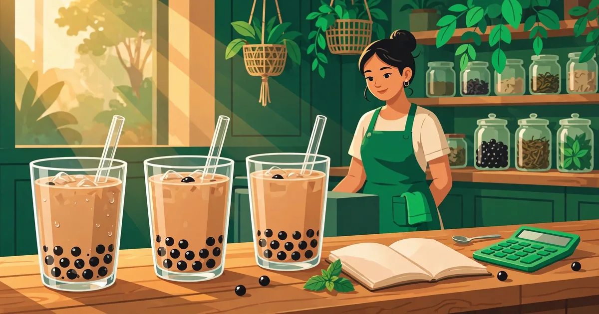 Minh hoạ quầy trà sữa Việt: ba ly trà sữa trân châu, sổ tay và máy tính xanh lá trên quầy gỗ, nữ nhân viên mặc tạp dề xanh sau quầy