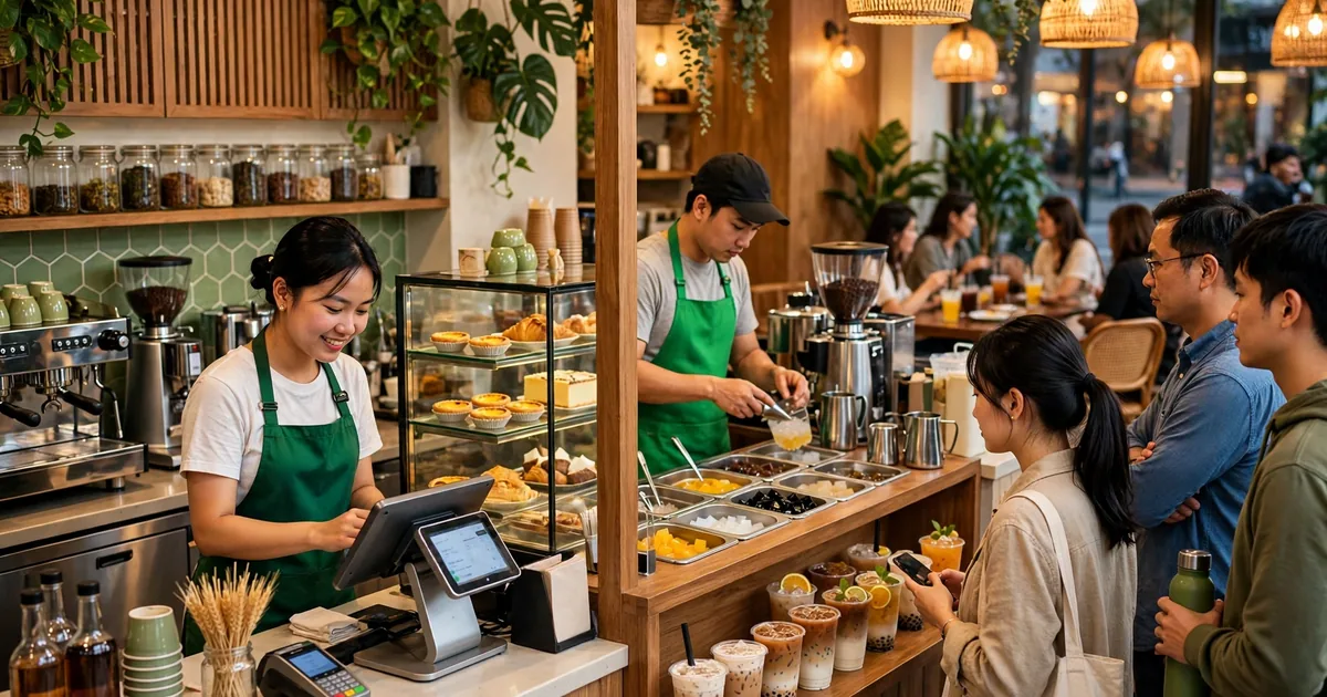 Quầy quán cà phê trà sữa Việt giờ cao điểm, nhân viên mặc tạp dề xanh lá làm việc theo từng trạm, khách chờ nhận món, ánh sáng ấm