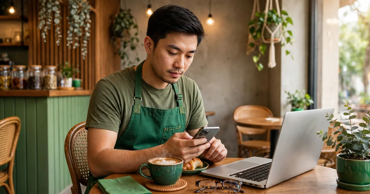 Chủ quán cà phê Việt mặc tạp dề xanh lá ngồi trong quán đọc và trả lời đánh giá khách trên điện thoại, bên cạnh laptop và ly cà phê, tông xanh thương hiệu