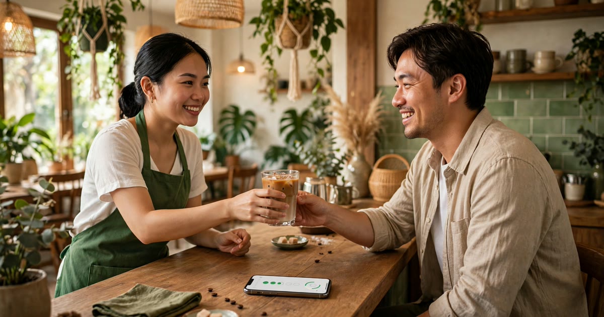 Nhân viên quán cà phê Việt mặc tạp dề xanh lá đưa ly cà phê sữa đá cho khách quen tại quầy gỗ, điện thoại hiện điểm tích lũy trên bàn, ánh sáng ấm