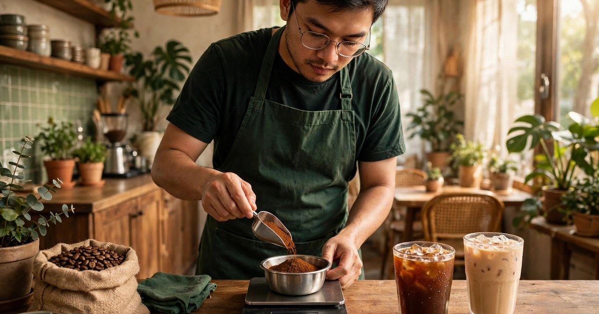 Nhân viên quán cà phê Việt mặc tạp dề xanh lá cân cà phê bột trên cân điện tử tại quầy, ly cà phê đá và cà phê sữa trên bàn gỗ, ánh sáng ấm