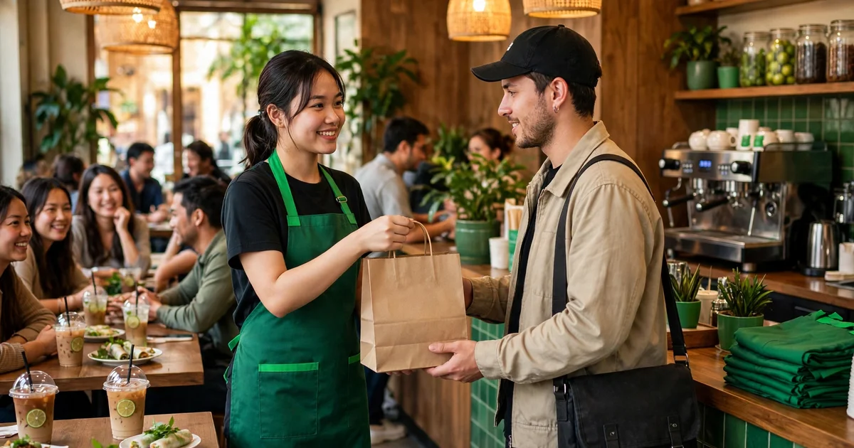Nhân viên quán ăn Việt mặc tạp dề xanh lá trao túi đồ mang đi cho khách tại quầy, phía sau là khách ngồi ăn tại bàn trong quán ấm cúng tông xanh
