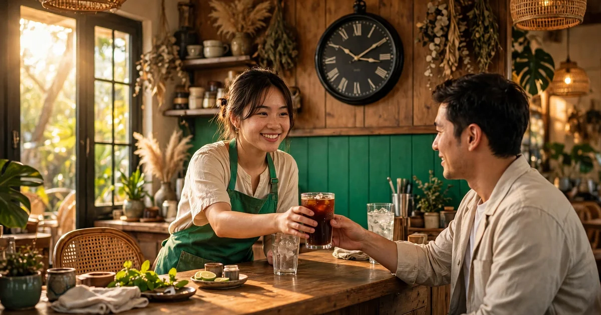 Nhân viên quán cà phê Việt mặc tạp dề xanh cười đưa ly cà phê đá cho khách trong quán ngập nắng chiều ấm, đồng hồ treo tường, tông xanh thương hiệu Quán Ơi
