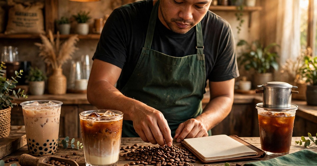 Chủ quán cà phê Việt mặc tạp dề xanh lá cân hạt cà phê tại quầy, ly cà phê sữa đá, cà phê phin và trà sữa trên bàn gỗ, ánh sáng ấm