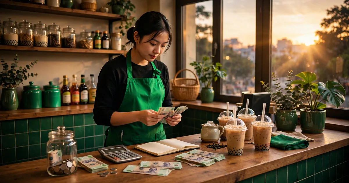 Thu ngân mặc tạp dề xanh đếm tiền đồng cuối ngày trên quầy gỗ quán trà sữa Việt, máy tính và sổ tay bên cạnh, ánh sáng hoàng hôn ấm áp