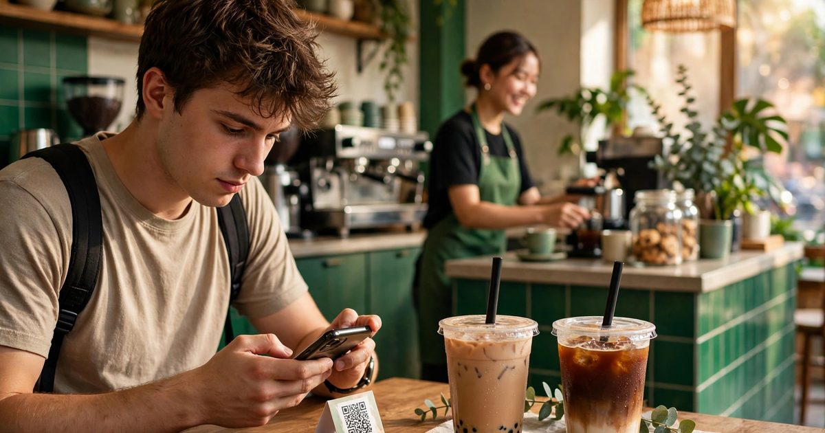 Khách trẻ quét mã QR trên tấm thẻ đặt bàn để gọi món tại quán cà phê trà sữa Việt, nhân viên tạp dề xanh phục vụ phía sau, ánh sáng ấm