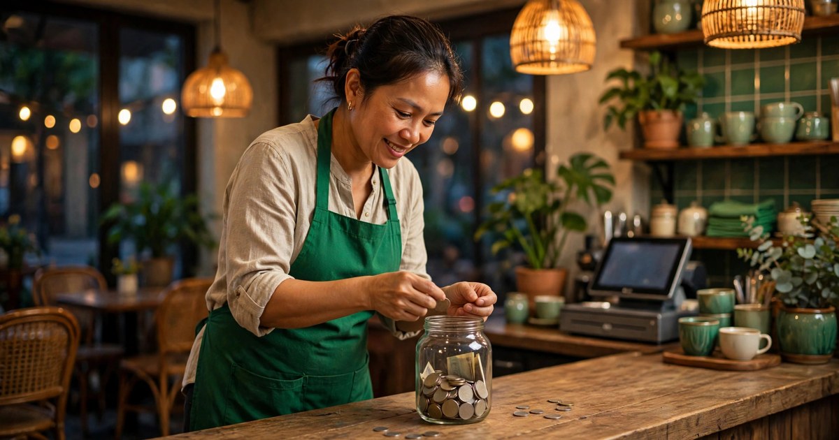 Chủ quán cà phê Việt mặc tạp dề xanh lá bỏ tiền tip vào hũ thủy tinh trên quầy gỗ lúc đóng quán, ánh sáng ấm