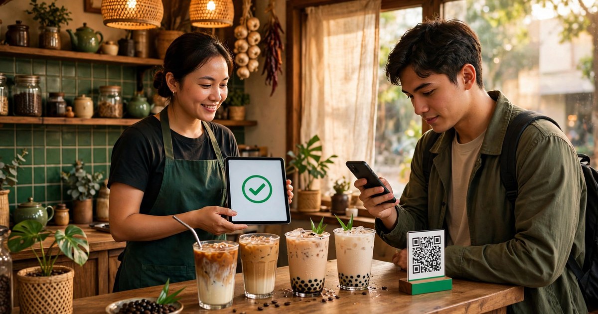 Thu ngân quán cà phê Việt mặc tạp dề xanh lá cầm máy tính bảng hiện xác nhận thanh toán, khách quét mã QR tại quầy, ly cà phê đá và trà sữa trên quầy, ánh sáng ấm