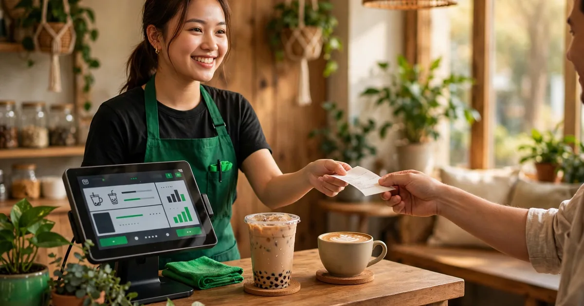 Thu ngân quán trà sữa Việt mặc tạp dề xanh đưa hóa đơn cho khách tại quầy gỗ, màn hình POS và ly trà sữa trân châu, ánh sáng ấm