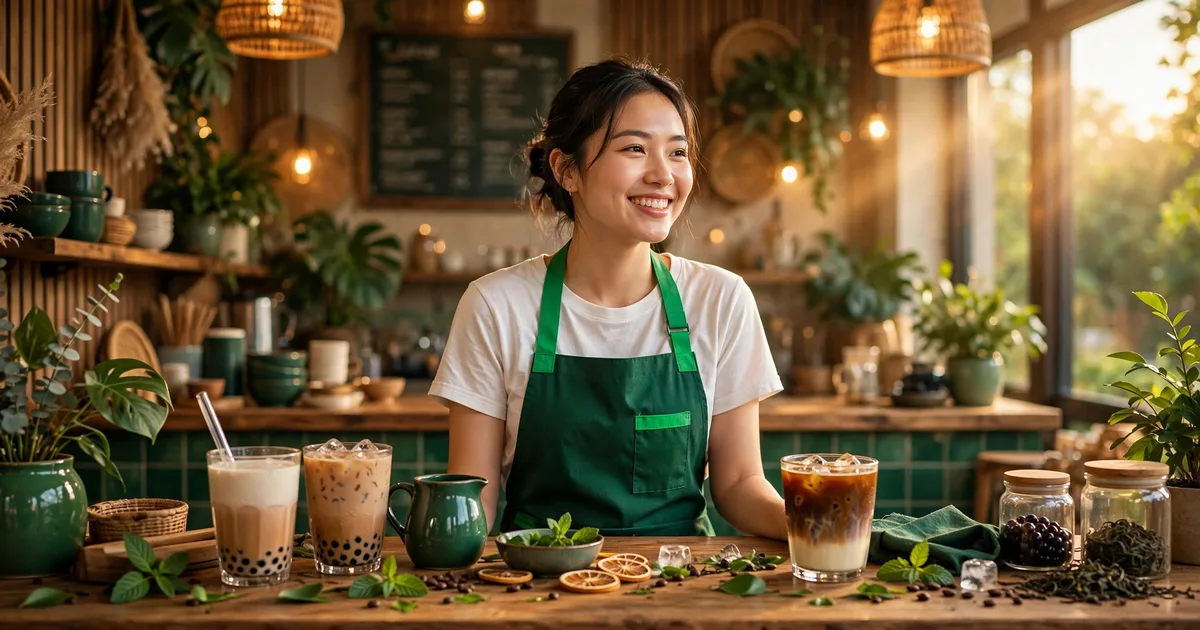 Barista quán trà sữa Việt mặc tạp dề xanh sau quầy gỗ với các ly trà sữa và cà phê sữa đá, ánh sáng vàng ấm, tông xanh thương hiệu