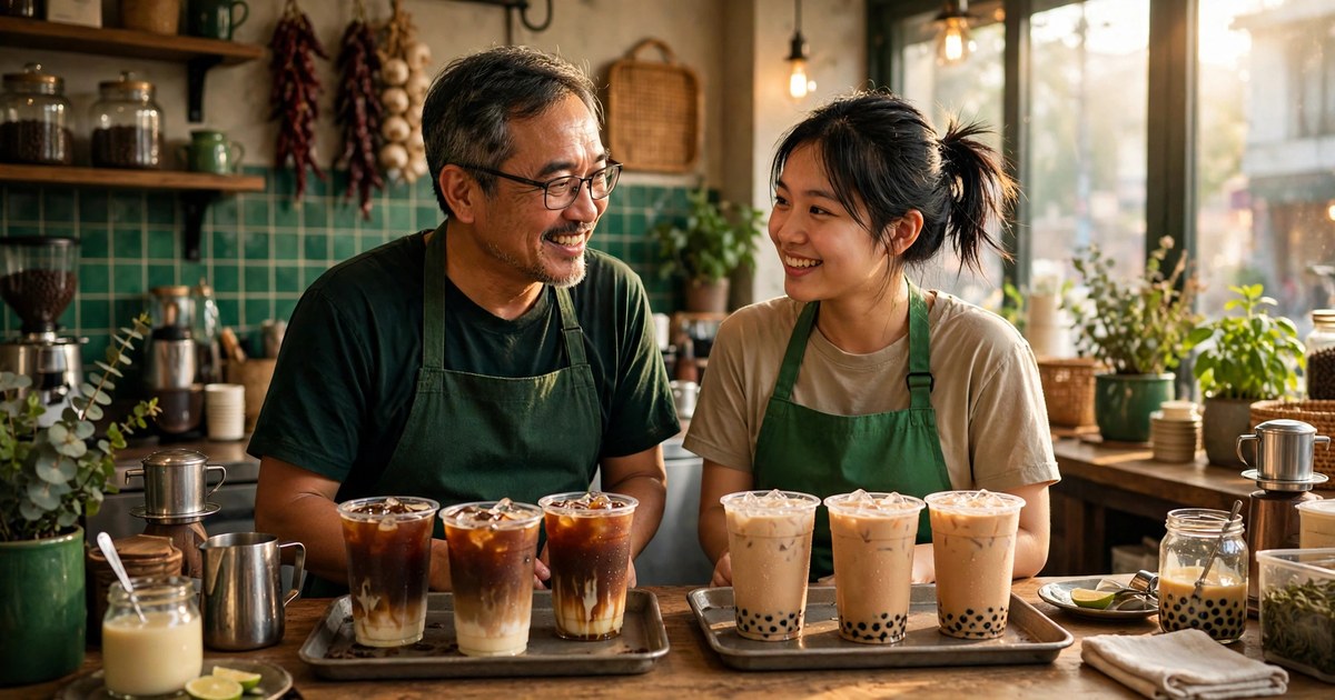 Chủ quán cà phê Việt mặc tạp dề xanh lá hướng dẫn nhân viên mới tại quầy, khay cà phê đá và trà sữa trên quầy, ánh sáng ấm