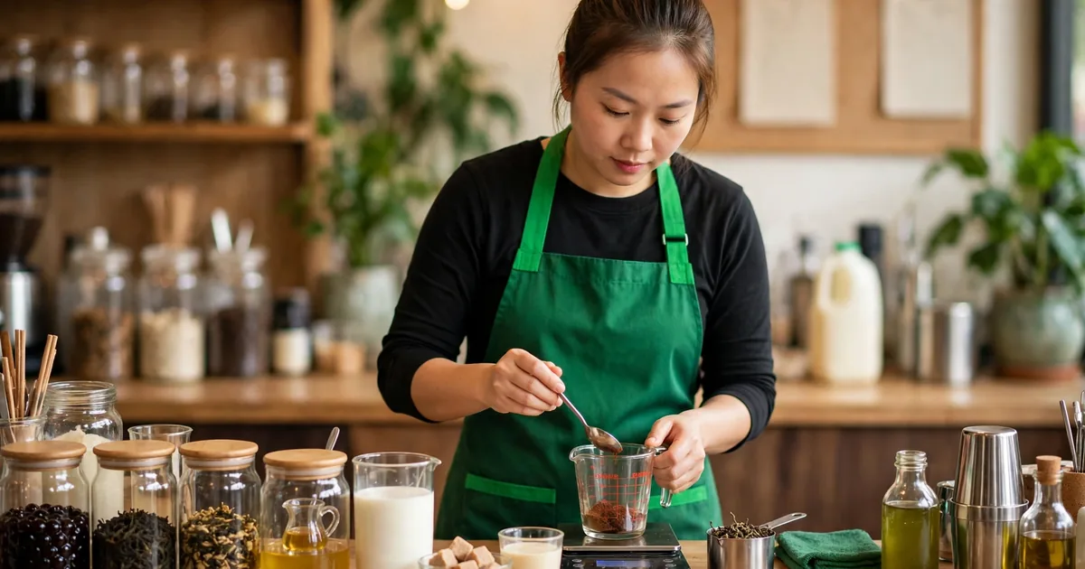Nhân viên pha chế mặc tạp dề xanh lá đong nguyên liệu bằng cốc định lượng trên cân tại quầy pha chế quán cà phê Việt, ánh sáng ấm