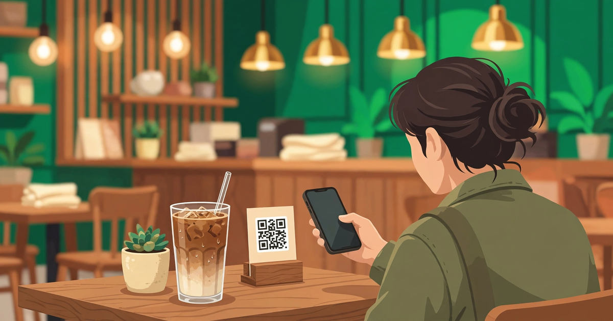 Minh hoạ khách quét mã QR trên biển để bàn bằng điện thoại trong quán cà phê