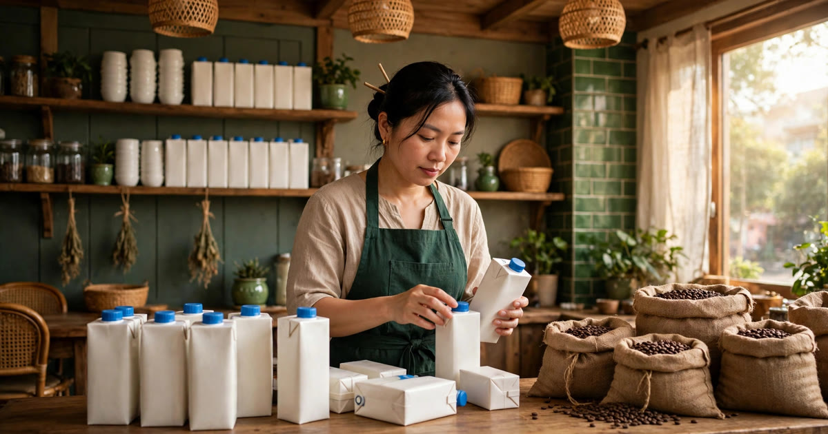 Chủ quán cà phê Việt mặc tạp dề xanh lá đếm hộp sữa tươi và bao cà phê hạt trên quầy vào buổi sáng, ánh sáng ấm