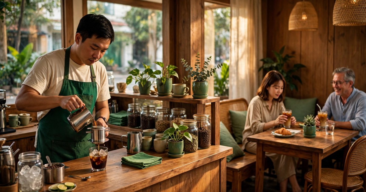 Nhân viên quán cà phê Việt mặc tạp dề xanh lá pha cà phê đá tại quầy gỗ buổi chiều, ánh sáng ấm