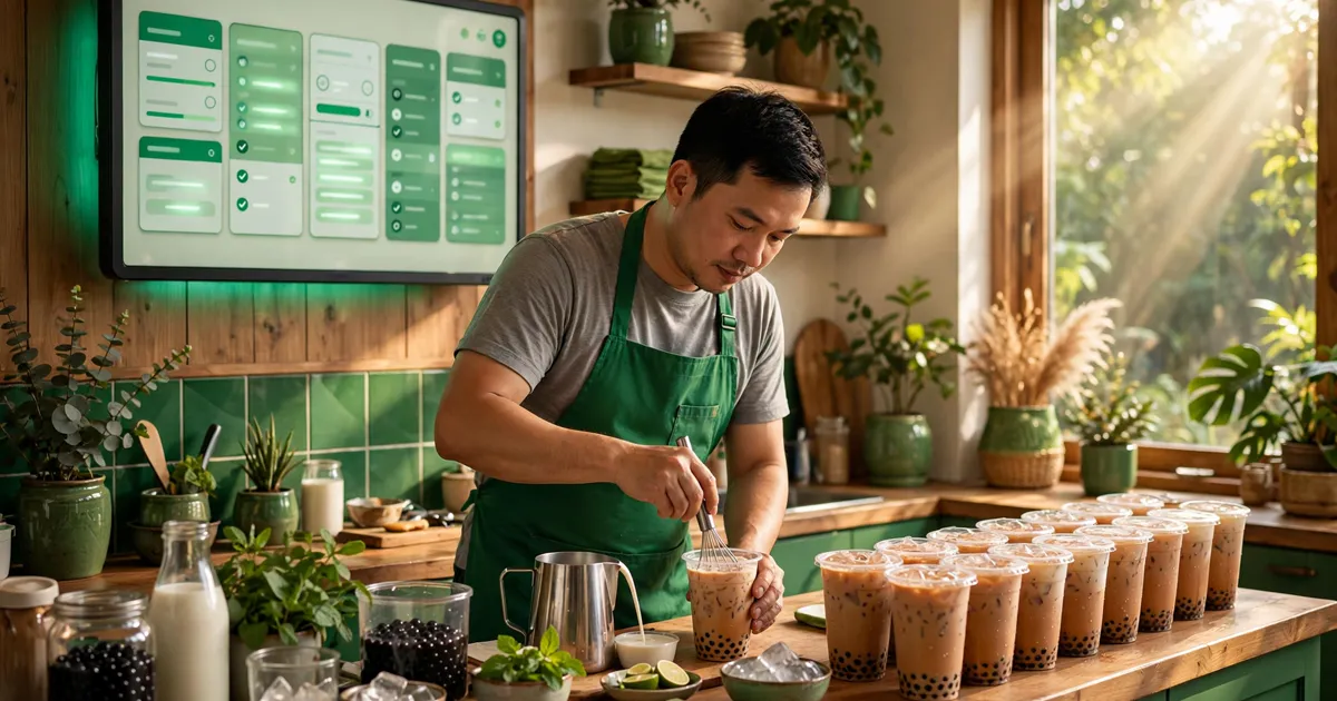 Màn hình bếp treo tường hiển thị phiếu order trong quán trà sữa Việt, đầu bếp mặc tạp dề xanh đang pha chế, ánh sáng ấm